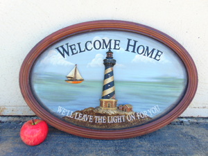 lot 407 image: WOOD LIGHTHOUSE Picture Welcome Home Well Leave The Light On For You Pub Sign