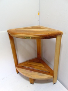 lot 150 image: EcoDecors Oasis 18 Teak Wood Fully Assembled Corner Shower Bench with Shelf in Natural Finish