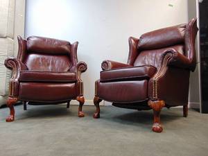 lot 45 image: LANE Pair of Genuine Burgundy Leather Action Recliner Chairs Classic Comfort