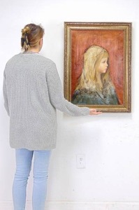 lot 52 image: Original Oil Painting Profile Portrait of a Young Girl with Blonde Hair and Red Background Framed & Signed