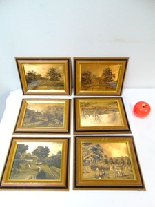 lot 557 image: Set of 6 Vintage Copper  Brass Tone Wall Prints Framed