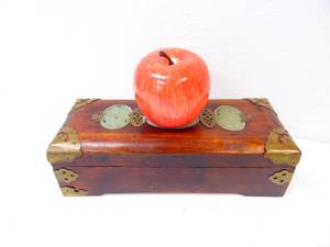 lot 602 image: Asian Rosewood Jewelry Box with Jade & Brass Embellishments 1950s