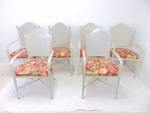 lot 56 image: STEEL Elegant Set of 6 Dining Chairs with Red Floral Upholstered Seats