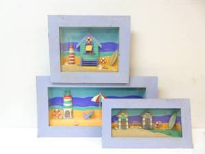 lot 100 image: Set of 3 Unique Wood Shadow Boxes with Beach Vibe 3D Art Inside