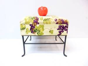 lot 129 image: Small Student Lounge Purple and Green Grape Upholstered Foot Stool Hinged Lid Wrought Iron Legs