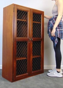 lot 97 image: Vintage Solid Wood Cabinet with Metal Mesh Doors and Shelves Inside 48 H