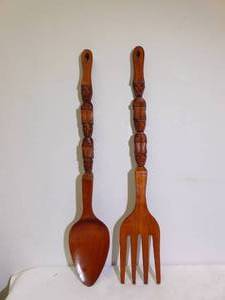 lot 211 image: VTG 1960-70s Elephants Tribal Wood Fork Spoon Wall Art