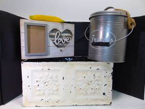 lot 233 image: Farmhouse Decor Lot- Cannister, Picture Frame, and Planter