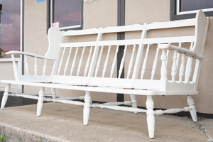 lot 311 image: Vintage Mid Century Colonial American Style Wood Frame Sofa