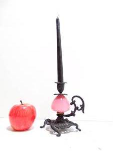 lot 362 image: Antique Cast Iron Candle Holder with Pink Glass Ball