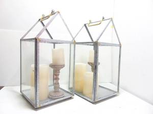 lot 364 image: Hearth & Hand Pair of Galvanized Steel and Glass Lantern Candle Holders with Candles Inside