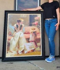 lot 243 image: Massive Textured Art Print of Woman and Girl in Bold Black Frame