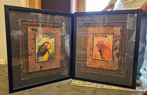 lot 244 image: Pair of Dimensional Rustic Rooster Prints Framed in Glass
