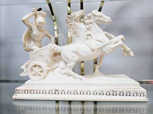 lot 19 image: Vintage Alabaster Resin Roman Chariot and Horses Sculpture by A. Santini