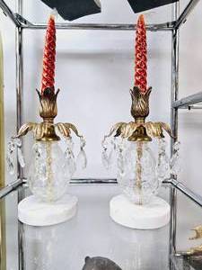 lot 28 image: Pair of Vintage Italian Marble, Brass & Crystal Candle Holders