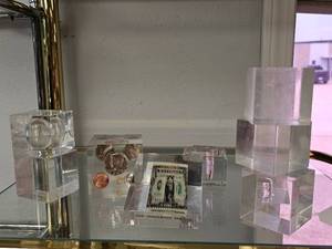lot 49 image: Lot of Vintage GlassAcrylic Cubes and Spheres- Some with Encased Bills and Coins