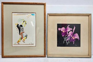 lot 81 image: Two Framed Original Works of Art - Flower & Native American