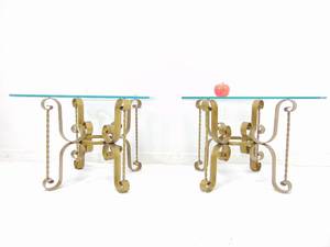 lot 225 image: Pair of Regency Style Vintage Gold Metal Scroll and Glass End Tables