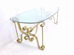 lot 226 image: Vintage Regency Style Gold Metal Scroll and Oval Glass Coffee Table