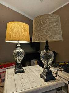 lot 312 image: Stunning Pair of Lamps with Clear Glass and Metal Swirls