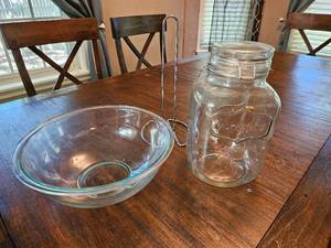 lot 398 image: Large Glass Mason Jar Cannister, Mixing Bowl, and Paper Towel Holder