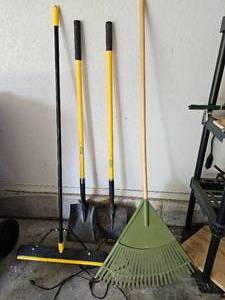 lot 404 image: Garden Tools Shovels, Rake, Shop Broom