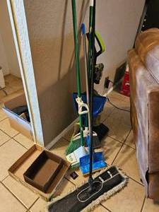 lot 413 image: Lot of Cleaning Supplies With Upright Vacuum Cleaner