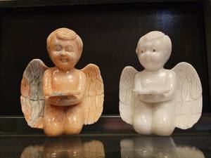lot 205 image: Vintage Stone Carved Onyx Angels Holding Stars- Candle Holders