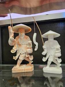 lot 206 image: Pair of Onyx Chinese Fishermen With Caught Fish