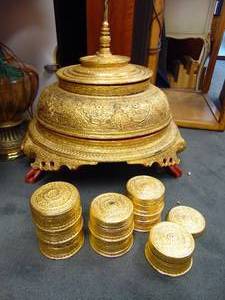 lot 87 image: Burmese Gilt and Lacquered Wood Temple Offering Vessel