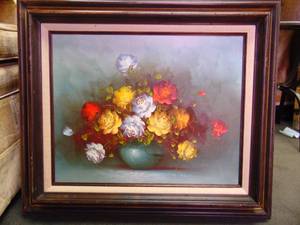 lot 92 image: Floral Still Life Oil Painting with Artists Signature Teal Vase with White, Red and Yellow Flowers