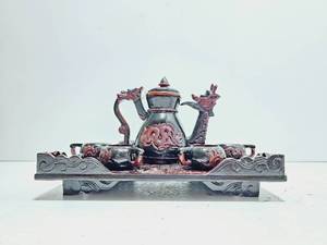lot 248 image: Yixing Ware Tea Set Dragon Teapot Cups Black Red Pottery Mother of Pearl Inlay Tray- Japan