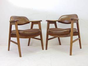 lot 555 image: Pair of Vintage LOUALLEN Oak Framed Walnut Finish Chairs with Leather and Fabric Upholstery
