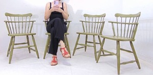 lot 158 image: BENT & BROS Vintage Avocado Green Spindle Style Comb Back Maple Chairs- Green Set of Four