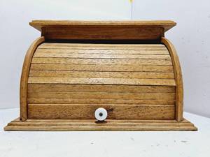 lot 267 image: Handmade Vintage Rolltop Oak Bread Box Signed Love, Carl