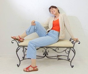 lot 567 image: Vintage Scroll Metal Based Bench with Cream Upholstered Seat