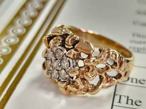lot 102 image: 14KT Yellow Gold Mens Free Form Diamond Ring Size 8 Replacement Value $4,150.00 Appraisal Certificate Included