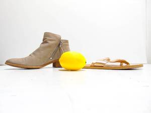 lot 465 image: Two Pairs of Womens Shoes- Metallic Sandals and Beige Booties BILLA BONG