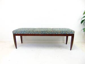 lot 150 image: Vintage Wood Upholstered Bench- Navy Leaf Pattern