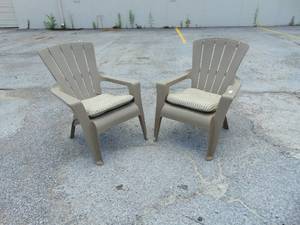 lot 513 image: Pair of Sandy Brown Patio Chairs- Wide Armrests and Low Seating Include Seat Cushions
