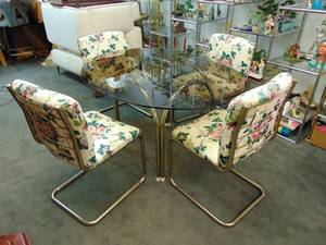 lot 129 image: MCM Tubeular Brass Dining Set- Four Floral Upholstered Chairs  Smoked Glass Top Oval Table