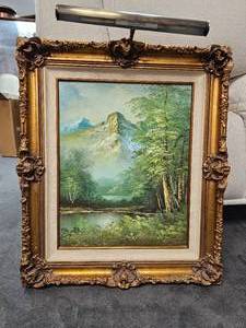 lot 149 image: RIVER SNOW MOUNTAIN LANDSCAPE ORIGINAL OIL ON BOARD PAINTING in Ornate Gold Frame with Display Light