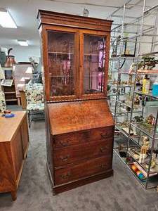 lot 133 image: Late 19th Century Flamed Mahongany Secretary Desk and Bookcase Cabinet