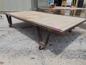 lot 113 image: Vintage Industrial Steel and Wood Low Coffee Table on Wheels