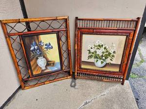lot 107 image: Pair of Bamboo Art with Floral Still Life Original Oil Paintings