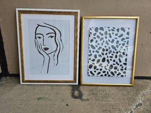 lot 109 image: Two Modern Brass and White Framed Wall Decor Pieces- Line ArtCow Print