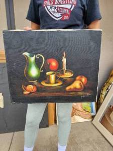 lot 139 image: Vintage Original Oil Painting Still Life Candle, Pitcher and Fruit