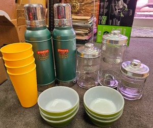 lot 333 image: Lot of Vintage STANLEY Metal Thermos, Green Milk Glass Bowls, Lidded Glass Canisters and More