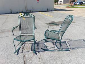 lot 52 image: Pair of Vintage Green Wrought Iron and Mesh Patio ROCKING Chairs
