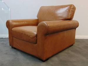 lot 166 image: Vintage Camel Colored Rolled Arm Genuine Leather Chair